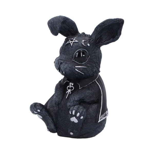 Gothic Black Rabbit Figurine Statue - Pentagram And Ankh Charm A black gothic rabbit figurine with a cape, pentagram, crescent moon, and ankh pendant.