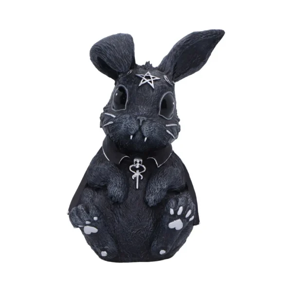 Gothic Rabbit Figurine Resin Sculpture Black With Pentagram Charm A gothic black rabbit figurine with silver pentagram, fangs, and ankh necklace.