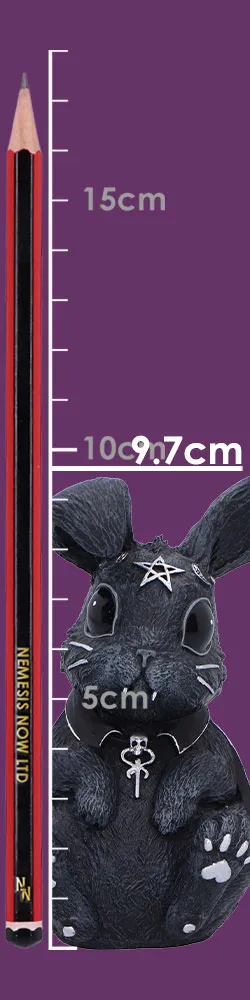 Black Occult Rabbit Figurine Resin Statue - Pentagram Design A black rabbit figurine with occult symbols beside a measuring pencil on a purple background.