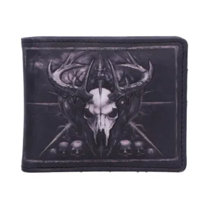 Gothic Deer Skull Leather Wallet Black - Antler and Skull Design A black gothic wallet featuring a detailed deer skull with antlers and smaller human skulls.