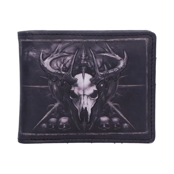 Gothic Deer Skull Leather Wallet Black - Antler and Skull Design A black gothic wallet featuring a detailed deer skull with antlers and smaller human skulls.