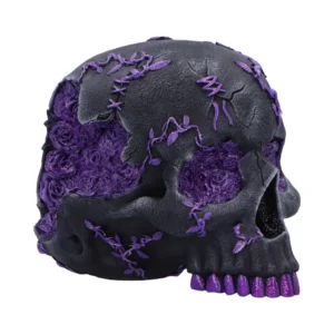 Black Skull Sculpture Resin Art Purple Roses Gothic Design A black skull sculpture decorated with bright purple roses and vines in gothic fantasy style.
