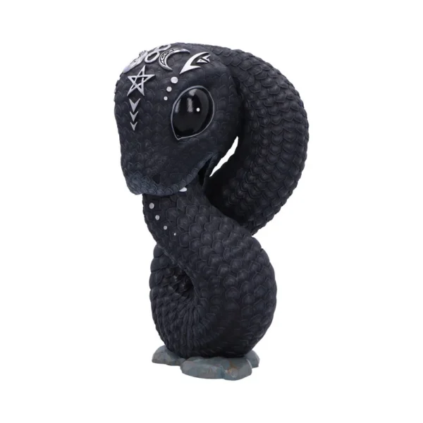 Mystic Serpent Sculpture Resin Black - Celestial Symbol Design A black sculpted serpent with glossy eyes and white mystical symbols on its head.