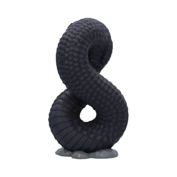 Serpentine Infinity Sculpture Matte Black - Detailed Scaled Design Black serpentine infinity sculpture with detailed scales on a rocky gray-blue base.