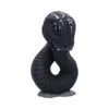Black Snake Sculpture Resin Art - White Mystical Symbol Design A black coiled snake sculpture with white mystical symbols and glossy eyes on a stone base.