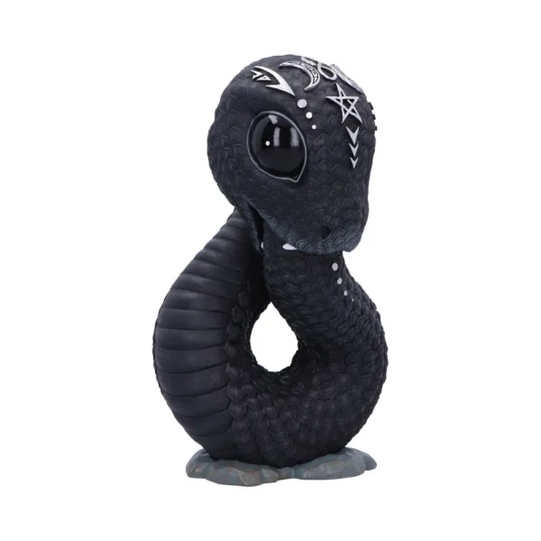Black Snake Sculpture Resin Art - White Mystical Symbol Design A black coiled snake sculpture with white mystical symbols and glossy eyes on a stone base.
