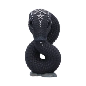 Black Serpent Sculpture Resin Figurine - Occult Symbol Design A black coiled snake sculpture with white occult symbols and a rocky gray base.