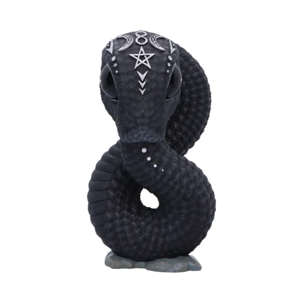 Black Serpent Sculpture Resin Figurine - Occult Symbol Design A black coiled snake sculpture with white occult symbols and a rocky gray base.