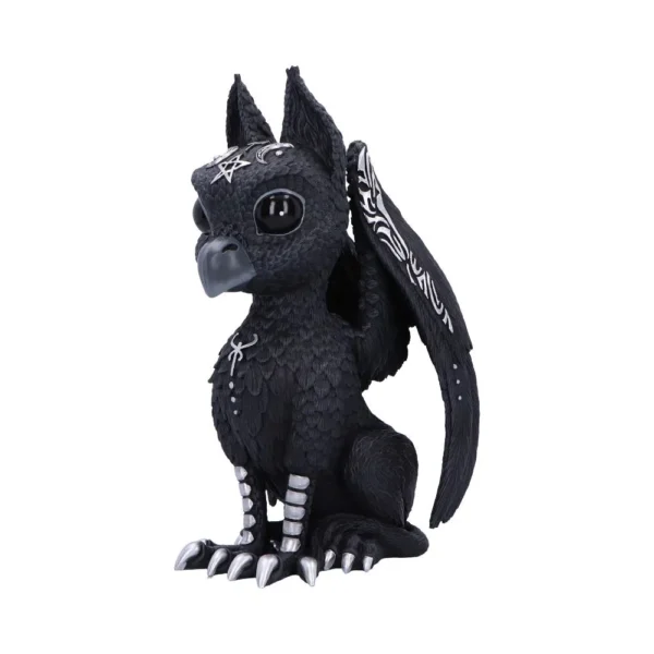 Raven Dragon Figurine Matte Black With Silver Claws And Runes A black raven-dragon figurine with silver claws and white occult markings on its wings.