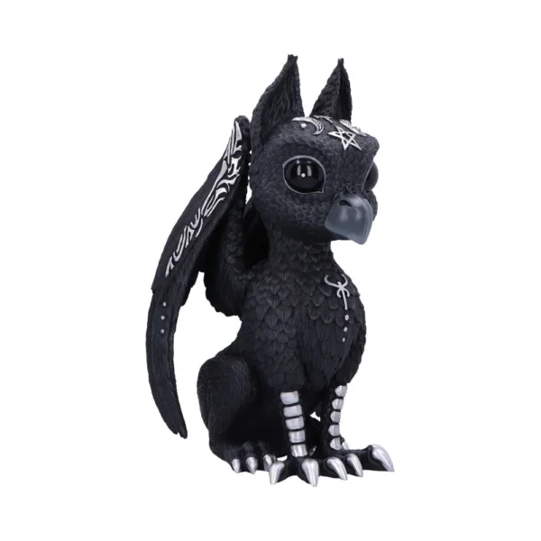 Black Griffin Figurine Sculpture - Silver Runes & Glossy Eyes A small black griffin figurine with silver runes, glossy eyes, and folded wings.