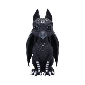 Dragon Raven Figurine Resin Sculpture Black - Occult Symbols A black dragon-raven figurine with silver occult symbols and folded wings on a dark surface.