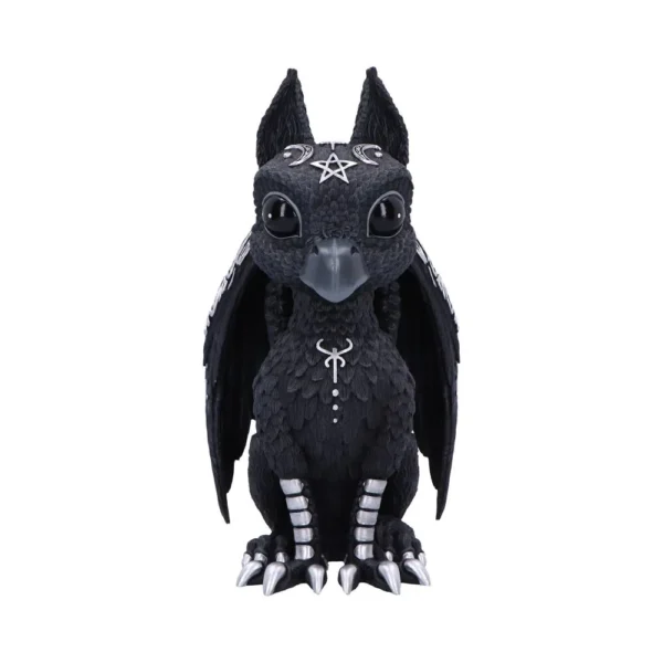 Dragon Raven Figurine Resin Sculpture Black - Occult Symbols A black dragon-raven figurine with silver occult symbols and folded wings on a dark surface.