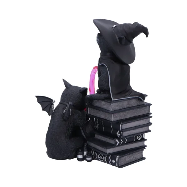 Two black magical cat figurines with wizard clothes and wings sitting on stacked spell books.