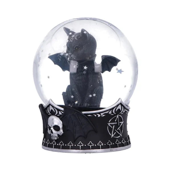 Gothic Black Cat Snow Globe - Silver Stars and Bat Wings A gothic snow globe featuring a black cat with bat wings and silver stars inside.