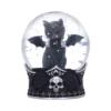Black Cat Gothic Snow Globe Figurine - Silver Stars & Skull Base A black cat with bat wings inside a gothic snow globe with stars and skull base.