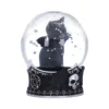 Gothic Black Cat Snow Globe Glass Dome - Silver Stars Wings A gothic snow globe with a black winged cat surrounded by floating silver stars.