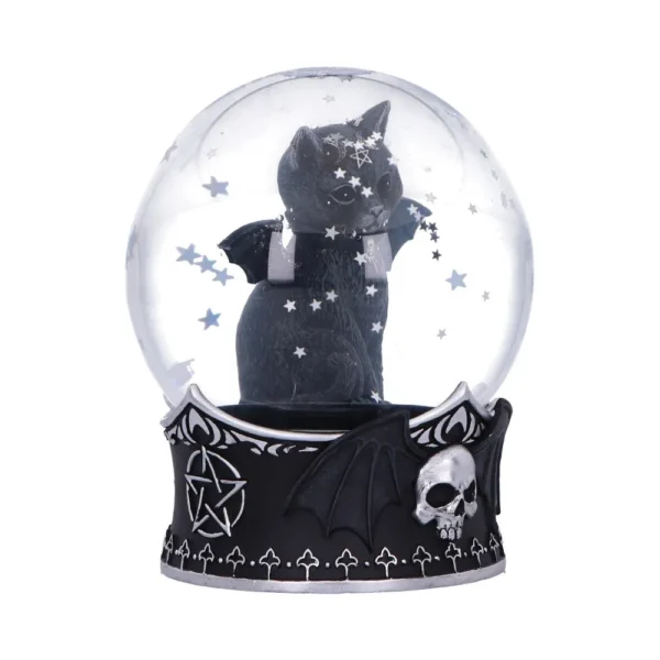 Gothic Black Cat Snow Globe Glass Dome - Silver Stars Wings A gothic snow globe with a black winged cat surrounded by floating silver stars.