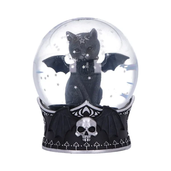 Black Cat Gothic Snow Globe Figurine - Silver Stars & Skull Base A black cat with bat wings inside a gothic snow globe with stars and skull base.