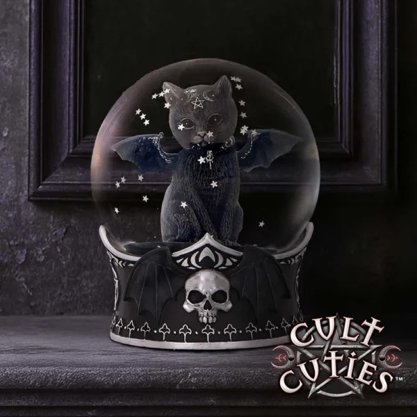 Gothic Cat Snow Globe Figurine Black Glass - Skull Wing Design A gothic black cat with bat wings inside a dark, ornate snow globe with skull details.