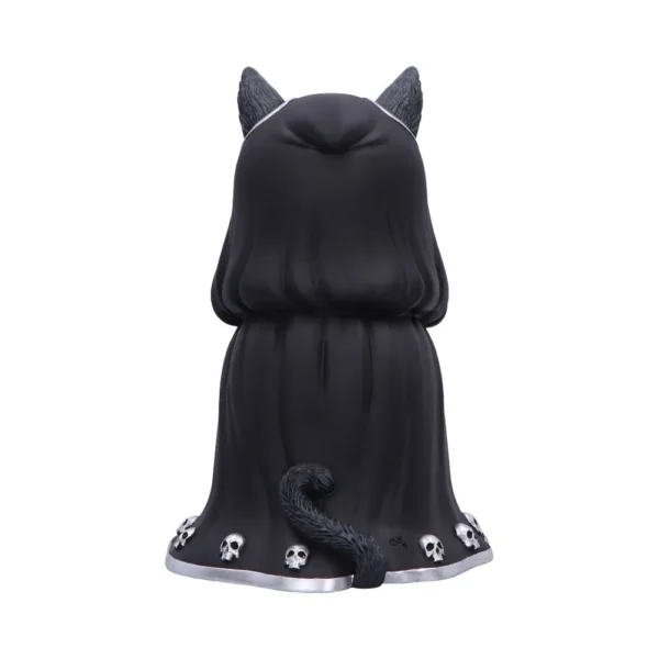 Black Cat Figurine Resin Sculpture - Cloaked Gothic Design A black-cloaked cat figurine with skull trim and a curled tail, gothic decorative sculpture.