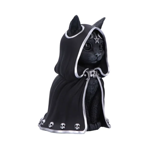 Black Cat Figurine Resin Sculpture - Silver Cloak With Skulls A black cat figurine wearing a silver-trimmed cloak adorned with skulls and mystical symbols.