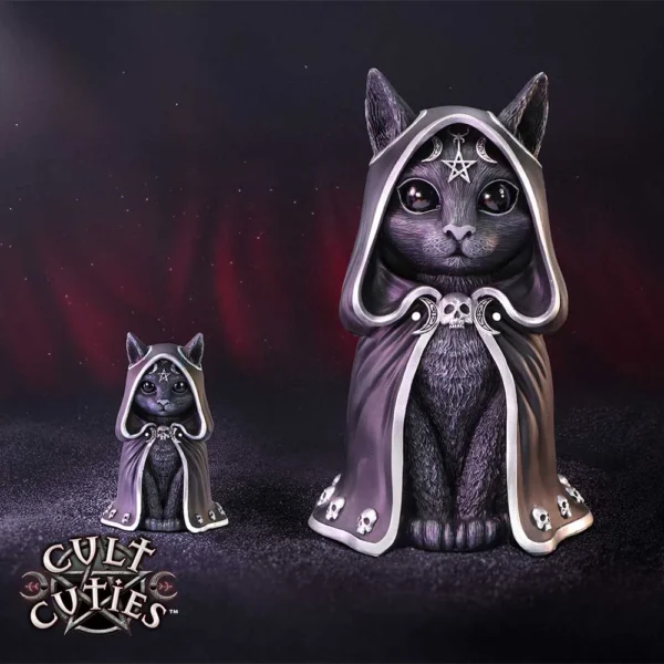 Black Cat Figurine Set Resin Sculptures - Hooded Occult Design Two black cat figurines in hooded cloaks with moon and pentagram symbols on a dark background.