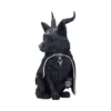 Mystic Black Dog Sculpture Resin Figurine - Horns and Moon Symbols A black horned dog sculpture wearing a silver-trimmed cloak with occult and moon symbols.