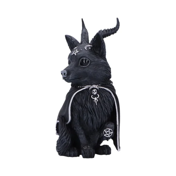 Mystic Black Dog Sculpture Resin Figurine - Horns and Moon Symbols A black horned dog sculpture wearing a silver-trimmed cloak with occult and moon symbols.