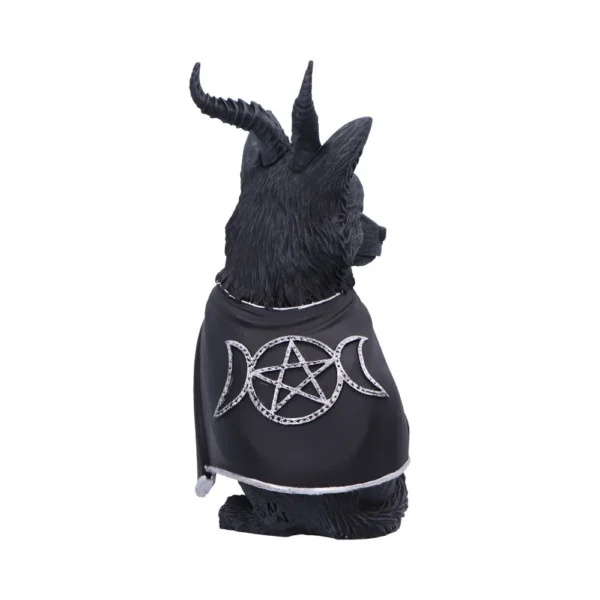 Gothic Corgi Figurine Statue Black Resin With Silver Pentagram Black gothic corgi figurine with horns and silver pentagram cloak symbol on its back.