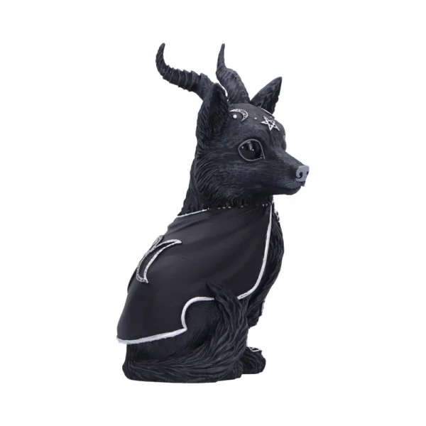 Black Horned Wolf Figurine Resin Sculpture - Occult Symbols Black horned wolf figurine with occult symbols and a black cape featuring white crescent moons.
