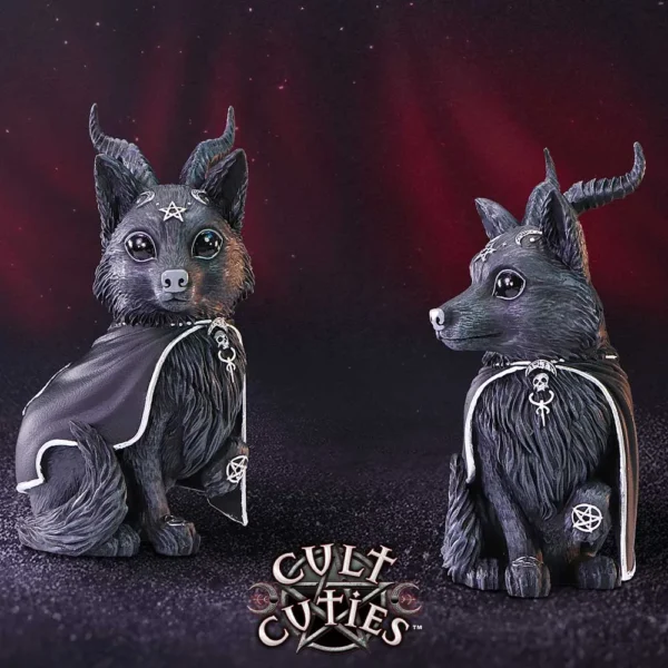 Cult Cuties Resin Dog Figurines Black Cloaked Occult Design Baphomet - Best gifts for collectors. Two black demonic dog figurines with horns and cloaks against a red cosmic background.