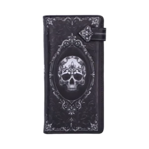 Gothic Skull Design Black Faux Leather Wallet - Ornate Filigree A black gothic wallet with ornate skull and filigree design on the front.