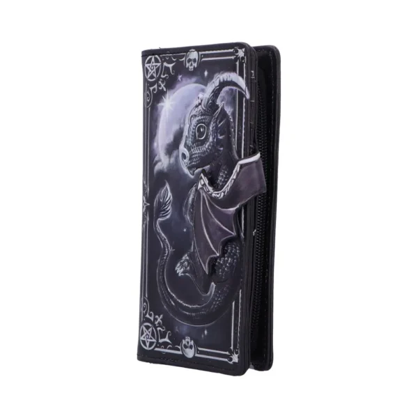 Fantasy Dragon Wallet Synthetic Leather Black - Gothic Moon Design A black fantasy wallet with a silver dragon and gothic moon design on synthetic leather.