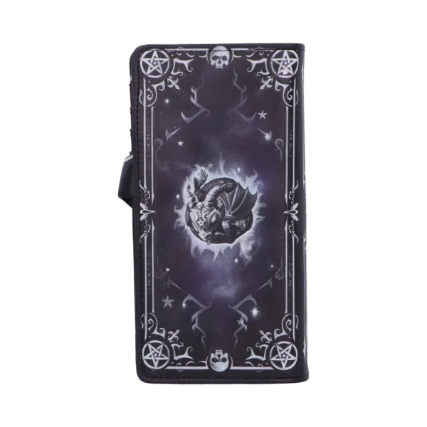Gothic Dragon Faux Leather Wallet Black - Pentagram Design A gothic black wallet featuring a curled dragon design with pentagrams and ornate fantasy details.