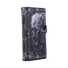 Dragon Phone Wallet Case Leather Black - Gothic Moon Design Dark fantasy phone wallet featuring a grayscale dragon, moon backdrop, and gothic ornate details.