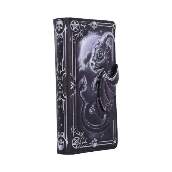 Dragon Phone Wallet Case Leather Black - Gothic Moon Design Dark fantasy phone wallet featuring a grayscale dragon, moon backdrop, and gothic ornate details.