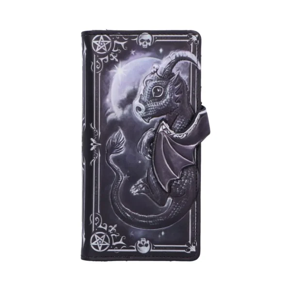Dragon Wallet Faux Leather Black Silver - Moon Gothic Design A black and silver wallet featuring a detailed dragon with a full moon and ornate gothic border.