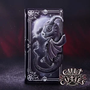 Black Dragon Phone Wallet Case - Gothic Moonlit Design A gothic phone wallet with a small black dragon design under a glowing moon.