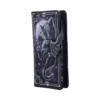 Gothic Cat Bat Vegan Leather Wallet - Black with Moon Design A gothic wallet featuring a black cat with bat wings, pentagram, and crescent moon design.