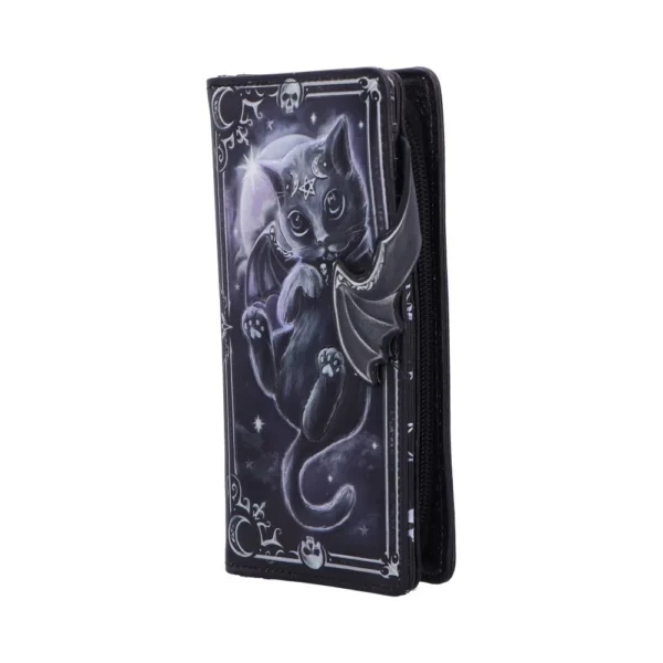 A gothic wallet featuring a black cat with bat wings, pentagram, and crescent moon design.