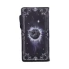 Gothic Wallet Case Black Leather - Sleeping Bat And Moon Design A gothic wallet featuring a sleeping black bat inside a glowing moon with ornate silver filigree.