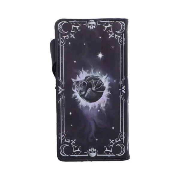 A gothic wallet featuring a sleeping black bat inside a glowing moon with ornate silver filigree.