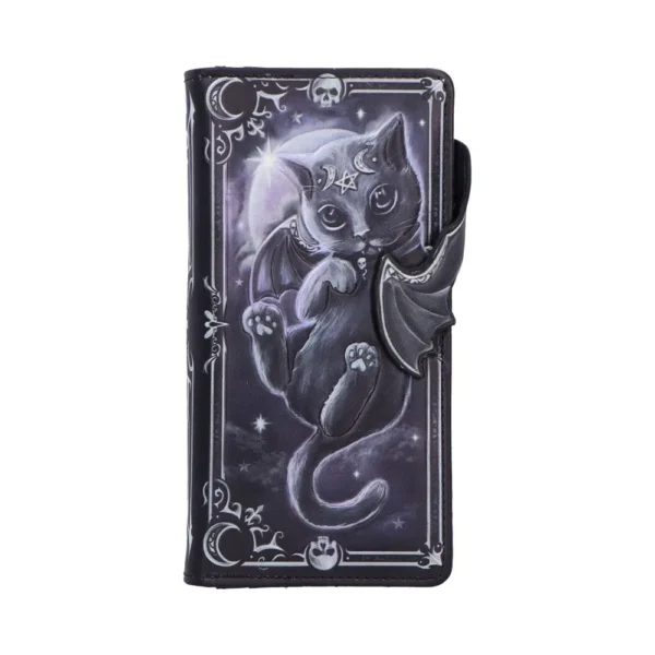 Gothic Black Cat Wallet Case - Winged Design With Silver Frame Gothic fantasy wallet with winged black cat, pentagram, crescent moons, and ornate silver border.