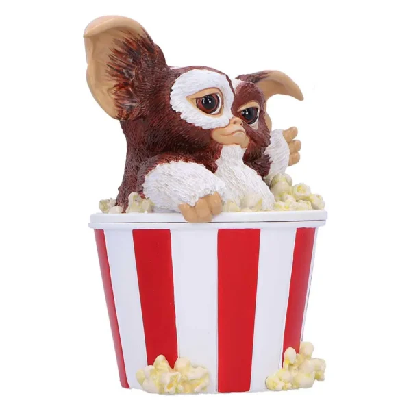 Gizmo Mogwai Figurine Vinyl Collectible Red Popcorn Bucket Gizmo figurine sitting in a red-and-white popcorn bucket surrounded by popcorn kernels The-Hidden-Hatch