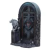 Gothic Stone Doorway Sculpture Gray - Fiery Demonic Emblem Guard Gothic stone doorway with glowing demonic emblem and gargoyle statue guard, candles at base The-Hidden-Hatch