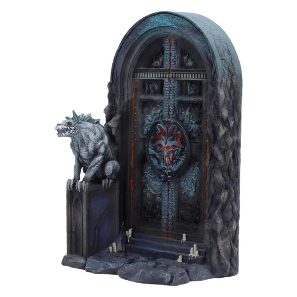 Gothic stone doorway with glowing demonic emblem and gargoyle statue guard, candles at base The-Hidden-Hatch
