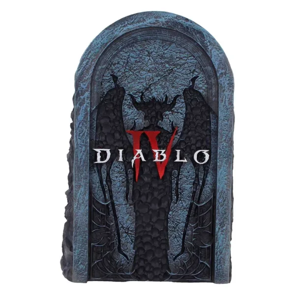 Diablo IV dark stone plaque with red logo and demonic figure design The-Hidden-Hatch