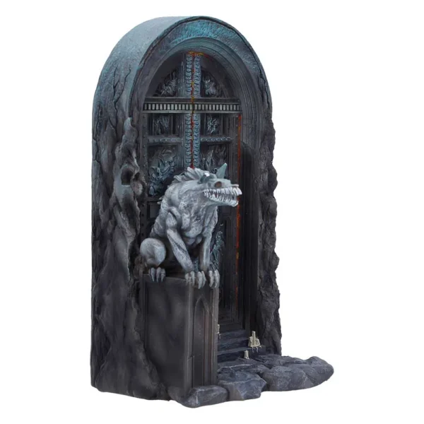Gothic Stone Doorway Sculpture Dark Gray Demonic Guardian A gothic stone doorway guarded by a pale demonic creature sculpture, dark fantasy art The-Hidden-Hatch