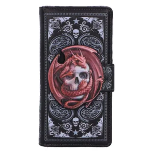 Gothic Wallet Synthetic Leather Black - Red Dragon and Skull A red dragon wrapped around a skull on a black gothic wallet with ornate silver designs.