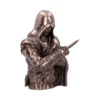 Hooded Assassin Warrior Statue Bronze Finish - Detailed Dagger Bronze hooded assassin warrior statue with dagger, detailed armor, and intricate sculpted textures.